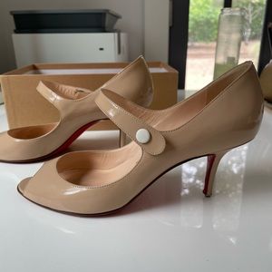 Christian Louboutin nude patent open toe Mary jane kitten heel